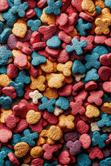 vibrant assortment of colorful pet food shaped like hearts, bones, and crosses, showcasing playful and appetizing design