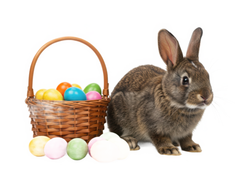 Easter bunny with basket easter eggs isolated on White background