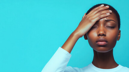 person with their hand on their forehead appears stressed against blue background