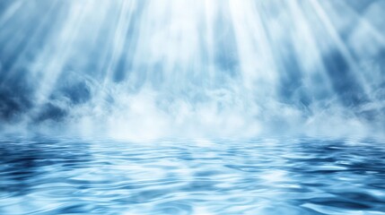Fototapeta premium Mystic Waters: Sunlight pierces through ethereal mist, illuminating a rippling water surface, evoking a sense of serenity and otherworldly beauty.