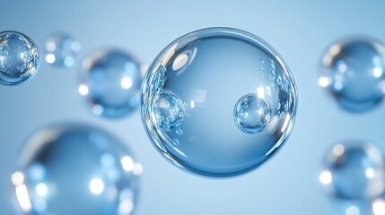 Floating transparent blue glass bubbles reflecting light against a gradient blue backdrop. 32k, full ultra HD, high resolution, wide, 8k image