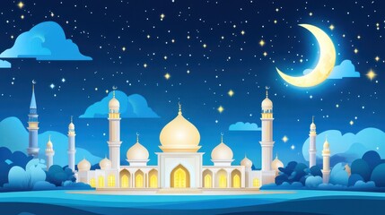 Moonlit Mosque: A serene depiction of a grand mosque, bathed in the soft glow of the moon and starlight, evoking a sense of peace and spiritual reflection.
