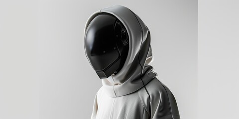 a robot wearing an oversized hoodie, against a white background