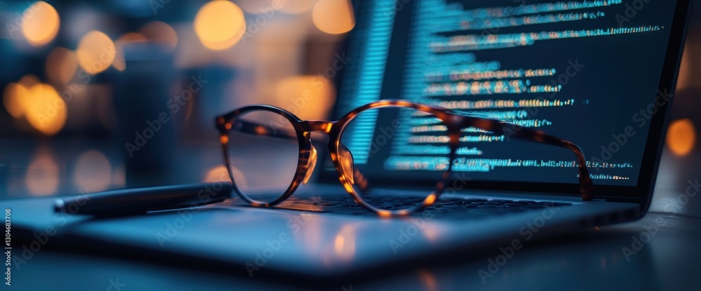 Wall mural close-up composition of laptop screen displaying source code with eyeglasses and a pen laying on top