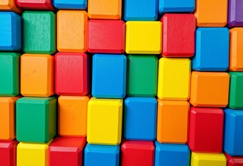 Playful Wooden Block Wall Art: A Bright and Cheerful Close-Up Photograph of a Colorful Wall Made from Rounded Wooden Toy Blocks with Distinct Wood Grain.

