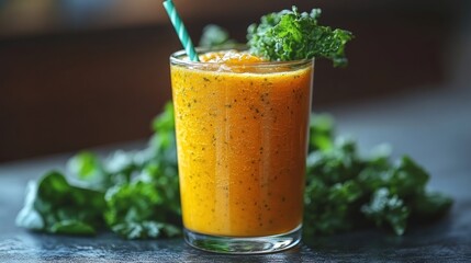 Healthy orange smoothie with kale, close-up