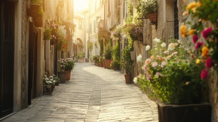 Obraz premium Sunlit cobblestone street with colorful flowers in old town.