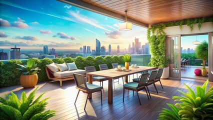 Obraz premium Modern Outdoor Condo Dining Area with City View - Spacious Balcony Patio Furniture