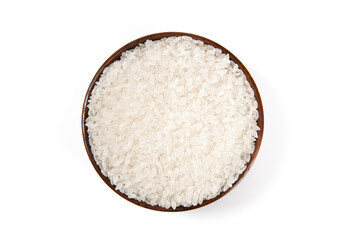 a bowl of raw rice isolated on white background,top view. 