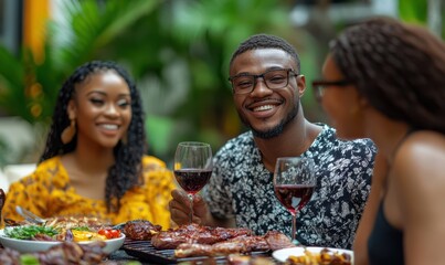 Happy friends having bbq dinner party in garden restaurant - Multiracial young people eating grill meat and drinking red wine in backyard - Food life style concept with guys and girls sitting outdoors