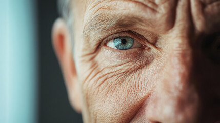Close up of middle aged man eye with visible crow feet and wrinkles, highlighting aging and expression