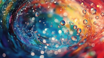 colorful water swirl creating a vibrant splash with refracting light and droplets showcasing an abstract and captivating visual narrative