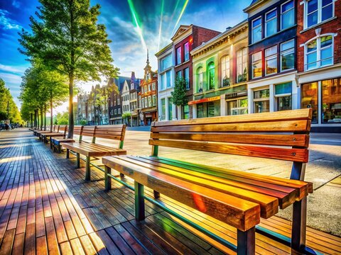 Modern Wooden Benches, Urban Street Scene, Doetinchem, Netherlands - Double Exposure Photography