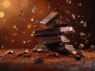 Decadent dark chocolate pieces stacked high with cocoa powder and falling crumbs on a brown background with bokeh lights