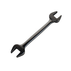 A black wrench tool is positioned flat, showcasing its dual open ends meant for turning nuts in mechanical applications.
