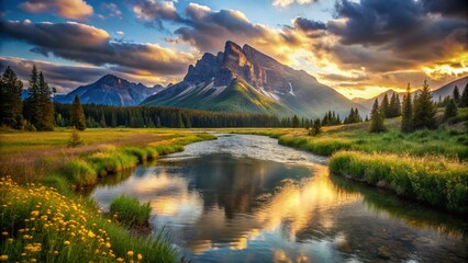 Fototapeta premium Mountain River Meadow Landscape: Serene Water Flowing Under Majestic Peak