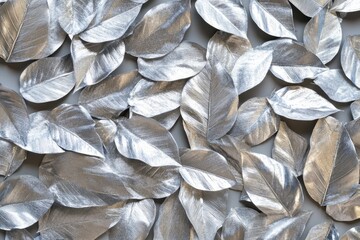 Silver leaf arrangement on gray backdrop artistic botanical texture metallic sheen modern aesthetic decorative element nature inspired design elegant
