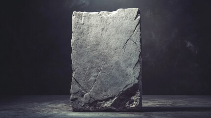 A fractured and eroded stone tablet, partially embedded in a fine-grain surface, bathed in a soft yet directional light