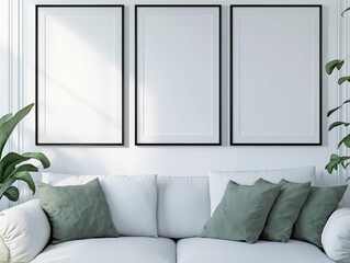 High quality stock photograph of three empty 3X4 dimension picture frame hung up on a white wall in a modern scandi apartment.