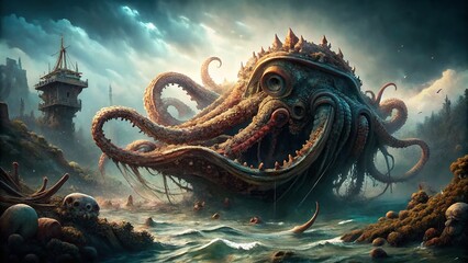 Obraz premium Mysterious Kraken: Giant Octopus Enveloping Sunken Shipwreck - Dramatic Underwater Scene