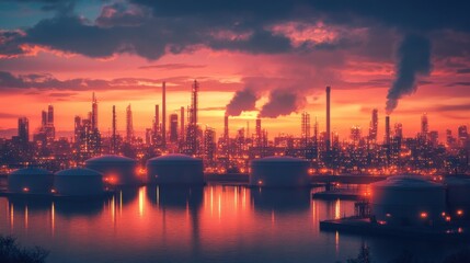 Naklejka premium Futuristic Eco-Friendly Oil Storage Facility with Advanced Monitoring Systems at Dusk Showcasing Modern Industrial Innovations and Sustainable Practices