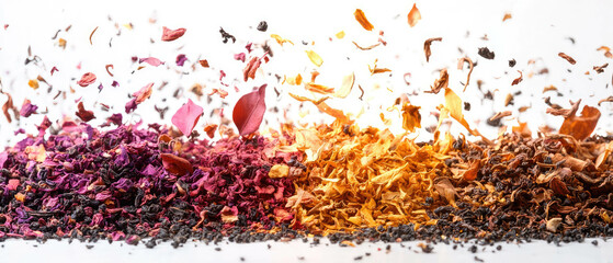 Dried Tea Leaves of Various Types Scattered in Mid Air