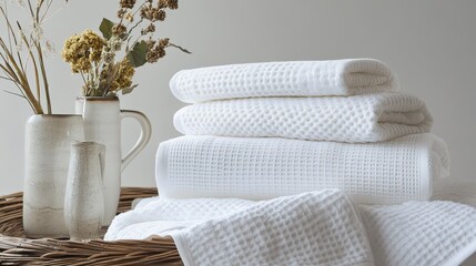 Stacked White Waffle Towels Beside Dried Flowers