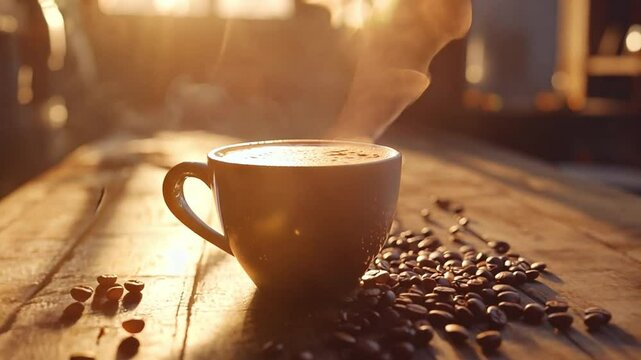 Warm Morning Brew: A cozy setting with a steaming cup of coffee and roasted beans on a wooden surface, bathed in the warm light of the morning sun. 