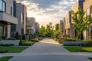 A quiet urban enclave featuring modern townhouses, soft gray and beige tones, and manicured front yards