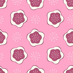 Pink pattern with flowers doodle, hand-drawn stylized flowers. For textiles, packaging, wallpaper, backdrops.