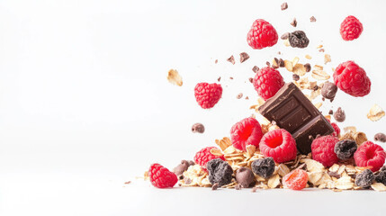 Swirling Mix of Freeze-Dried Raspberries, Chocolate Drops, and Granola on a White Background
