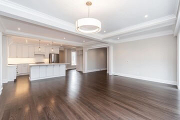 Obraz premium Spacious modern kitchen and living room with hardwood floors and high ceilings.