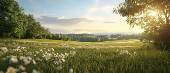 Vibrant Meadow Landscape Captured During Golden Hour With Soft Light Illuminating Nature's Beauty