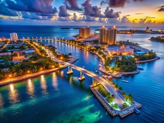 Naklejka premium Nassau Harbour Aerial: Paradise Island Bridge & Island at Night