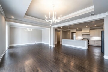 Fototapeta premium Spacious open-plan living area with hardwood floors, recessed lighting, and a modern kitchen.