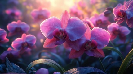 Pink orchids glow golden sunlight serene garden