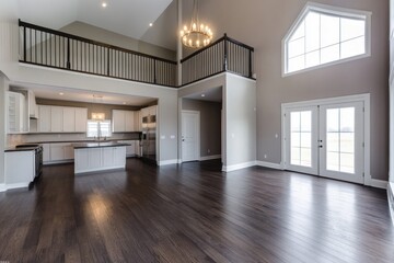 Fototapeta premium Spacious open-plan living area with high ceilings, hardwood floors, kitchen, and large windows.