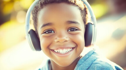 Happy Child Engaged in Online Learning with Headset, Smiling Brightly During Virtual Tutoring Session in Sunlit Outdoor Environment