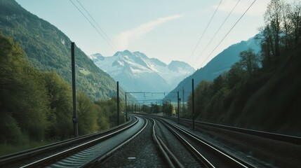 Fototapeta premium Traveling by train through Switzerland, winding tracks with views of snow-capped Alps and emerald valleys