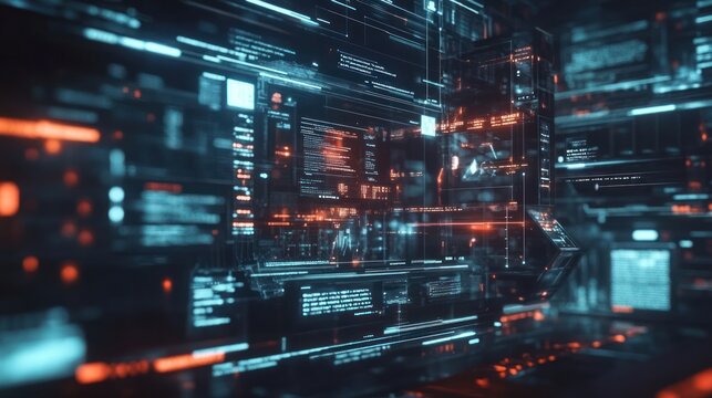 abstract digital landscape showcasing network data flow and computational processes with futuristic visual elements and complex algorithms display