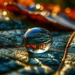 Macro-shooting of a drop of water on the surface of a leaf, shimmering like crystal, reflecting the surrounding world Generated AI