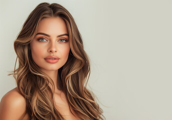 Fototapeta premium Friendly female model with trendy makeup and hairstyle. Hair care, cosmetic, style and beauty concept