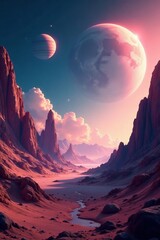 Surreal space landscape with futuristic planets and celestial bodies, futuristic, landscape
