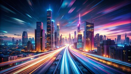 Obraz premium Night City Timelapse: Vibrant Urban Lights, Empty Street, Copy Space Left