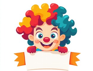 april fool's day vector illustration, cute clown peeking over a white banner, colorful hair