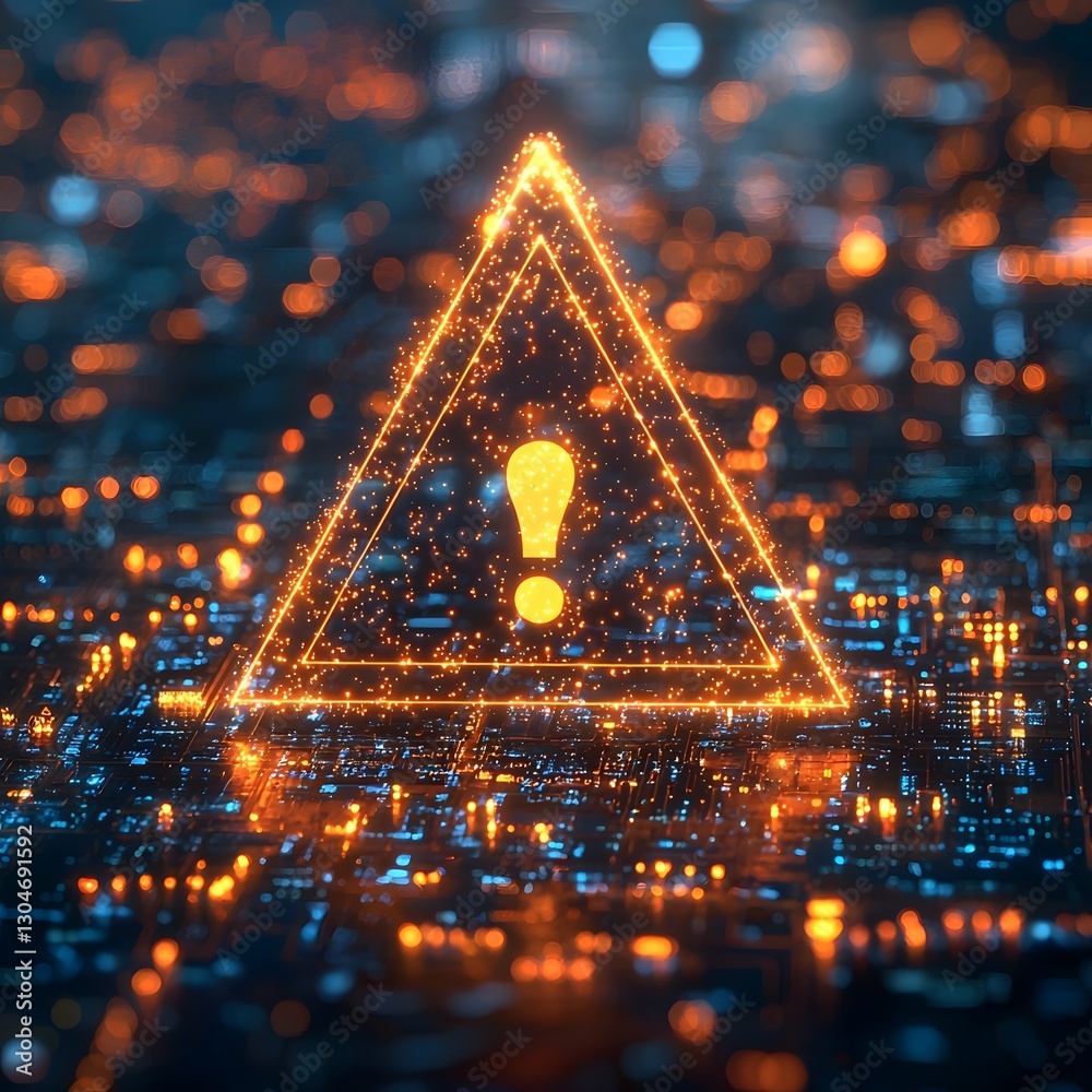 Poster glowing triangular symbol with exclamation mark floating over blurred digital transaction log in abs