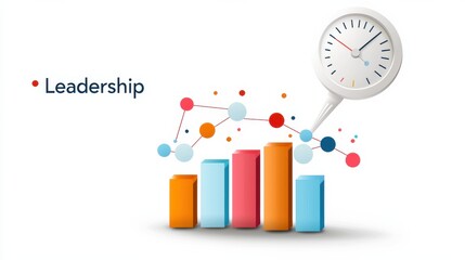 An abstract representation of leadership with colorful bar graphs and a clock, showcasing growth and time management.