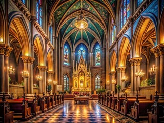 Fototapeta premium Night Mass, Ornate Cathedral, Religious Ceremony, Gothic Architecture, Candlelight