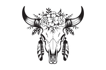 Floral Cow Skull with Feathers and Elegant Detailing VECTOR