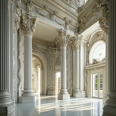 Obraz premium Elegant white hall, ornate columns, sunlight streams in.